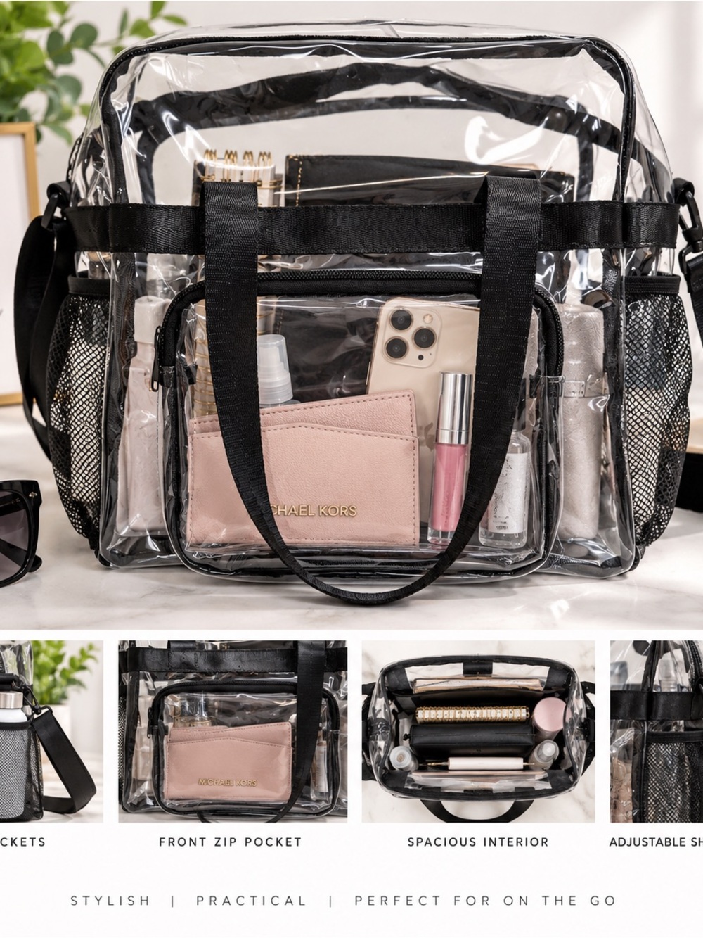 Alba Clear Tote with Black Trim and Pink Wallet